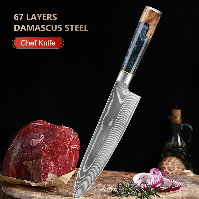 

8 Inch 67-layers Damascus Steel Kitchen Knife Pro Kitchen chef knife Vegetable Meat Slicing with Black resin handle