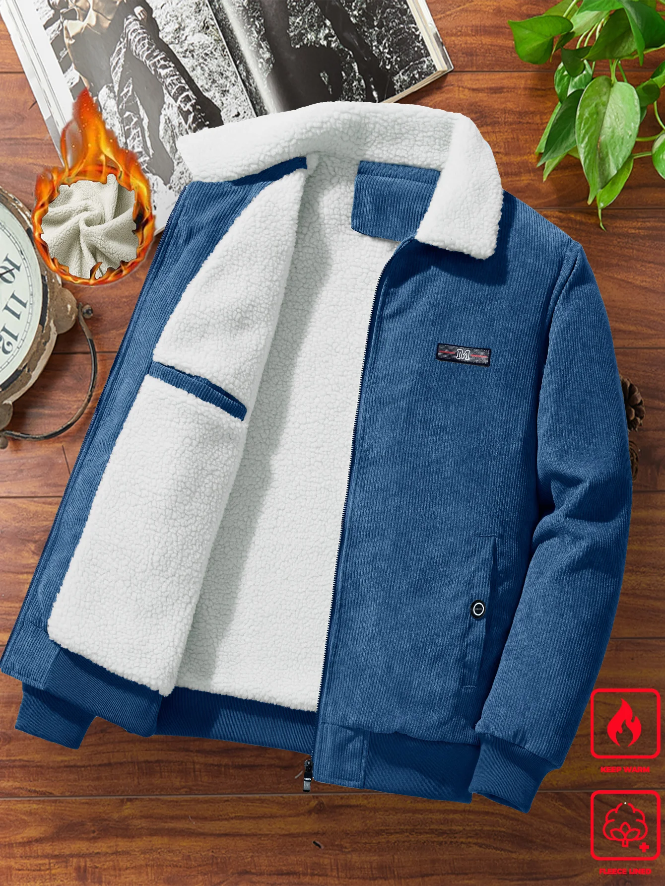 Men Blue Corduroy Jacket Sherpa Fleece Lined Thick Warm Lapel Collar Full Zip Coat Winter Casual Windproof Mens Outerwear