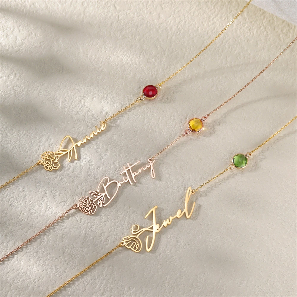 Boho Birth Flower Name Necklace Stainless Steel Custom Name Birthstone Charm Necklaces Personalized Jewelry Collier Femme Gift