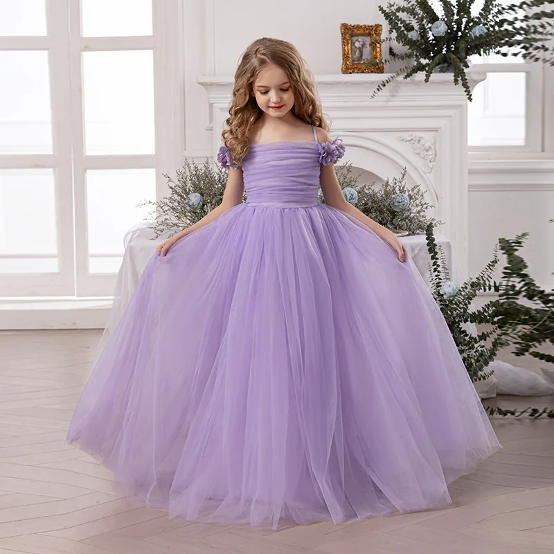 Summer New Girls' Purple Chiffon Long Dress Birthday Party Host Princess Dress Dreamy Gradient Sequin Dinner Dress