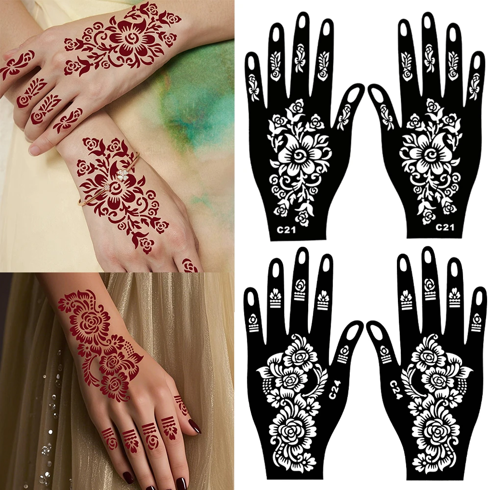 2pcs Reusable Henna Tattoo Stencils Flower Tattoo Template for Women Hand Fingers Painting Henna Stencil for Wedding Festival