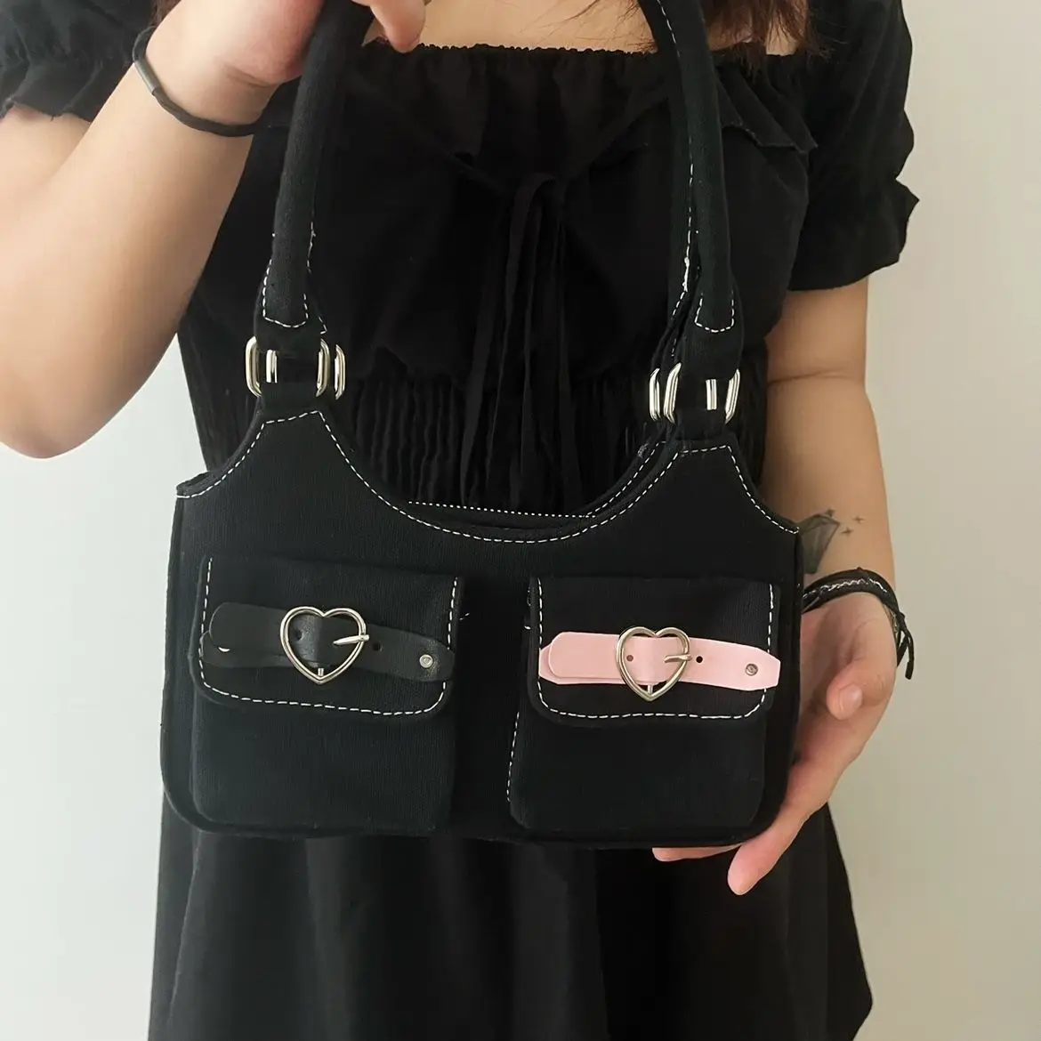 

JIAERDI Vintage Heart Denim Shoulder Bag Women Fairycore Aesthetic Pocket Casual Black Handbag Ladies Harajuku Cute Underarm Bag