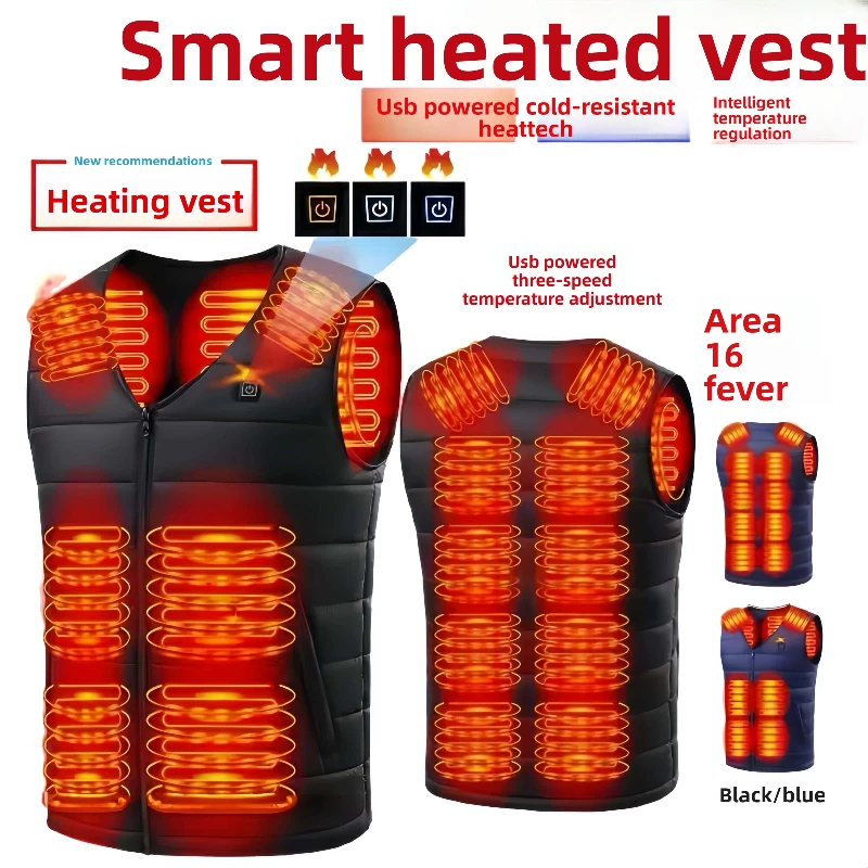 

16-зонный жилет с подогревом для мужчин, осень-зима 2022, новое USB-перезаряжаемое теплое хлопковое пальто для всего тела с v-образным вырезом, большие размеры, контроль температуры