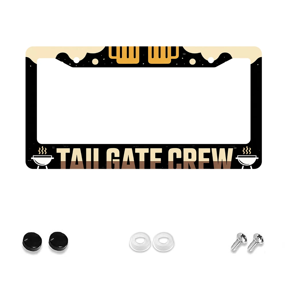 

1pc Black and Gold 2-Hole License Plate Frame with Tailgate Crew Pattern, Aluminum Material, 6x12 Inches, Includes Screw Kit, R
