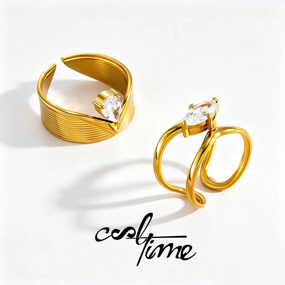CoolTime Heart Zirconia Stainless Steel Rings For Women Flower Rhombus Drop Adjustable Ring Dainty Premium Unique Jewelry Gift