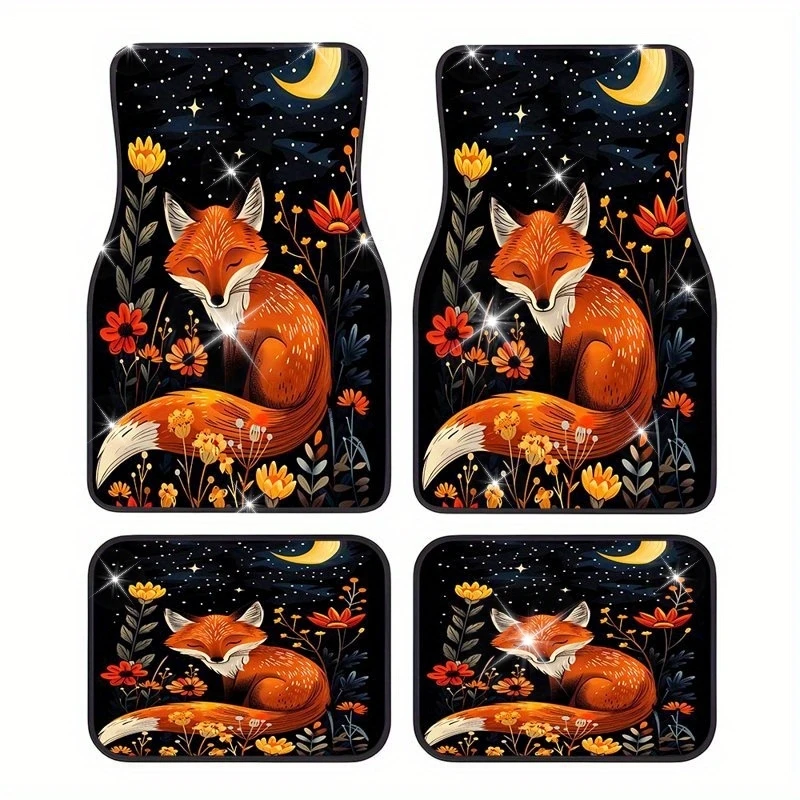4pcs Car Floor Mats - Fox & Floral Automotive Mats With Orange/Black/ Yellow/Red Colors, Non-Slip SUV Interior Decor For Front/R
