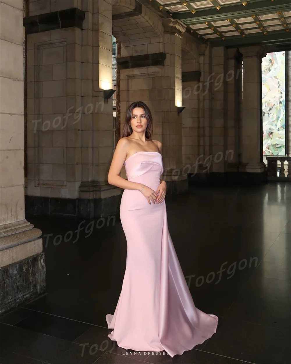 Toofgon Strapless 핑크 공식 파티 댄스 파티 드레스 Pleat 웨딩 드레스 특별 행사 스윕 기차 여성 이브닝 드레스 맞춤형