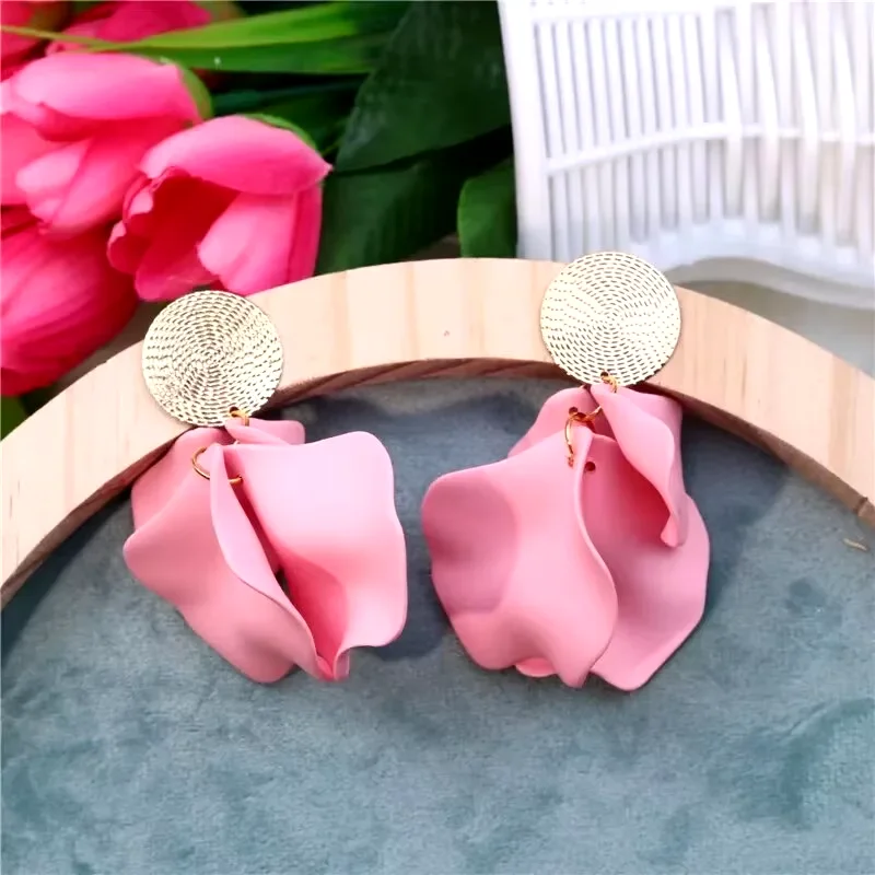 Neon Fuchsia Plastic Petal Drop Earrings Women Colorful Petal Gold Color Disc Drop Earrings Green Pink Carol Color Girl Earring image 2