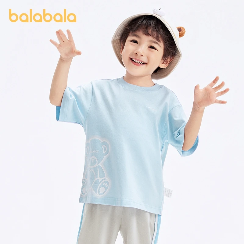 Balabala เสื้อผ้าเด็กเสื้อยืดเสื้อแขนสั้นเด็กชุดเสื้อผ้าเด็กหญิงเด็กชายแม่-เด็กเข้ากัน2024ฤดูร้อนใหม่คอตตอนชั้นล่าง