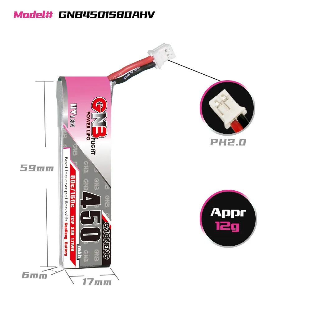 GNB 1S 450MAH 3.8V 80C Max 160C 4.35V HV Lipo akumulator do drona M80S Tiny7 Beta75S Emax Tinyhawk Snapper7 z wtyczką PH2.0 3szt.