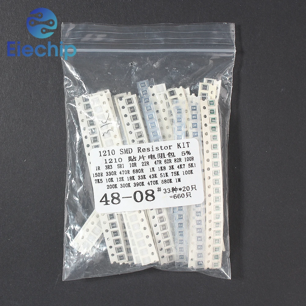 Assorted SMD Resistor Pack, Resistor Chip, Kit eletrônico DIY, 0603 0805 1206 1210, 1 ohm-1m, 33 Valores x 20PCs, 1%, 660PCs por conjunto