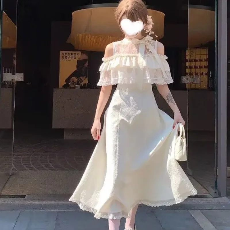 

Vintage Japanese Sweet Retro Skinny Cloak Dress Summer New Long Dresses for Women White Moonlight Lace 2025 Women Clothing