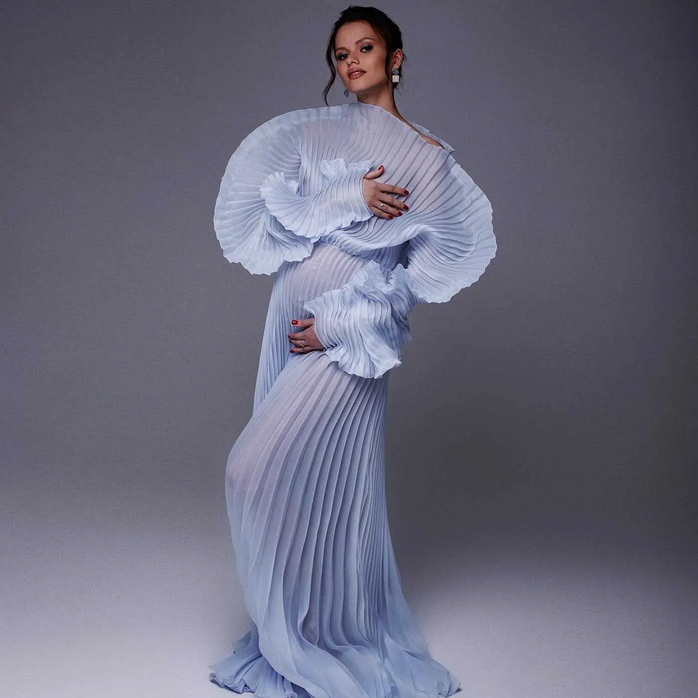 Light Blue Pleated Maternity Dresses for Photoshoot Illusion Pleated Organza Puff Sleeves Maternity Gown Babyshower Dress Custom