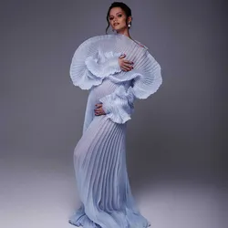 Light Blue Pleated Maternity Dresses for Photoshoot Illusion Pleated Organza Puff Sleeves Maternity Gown Babyshower Dress Custom