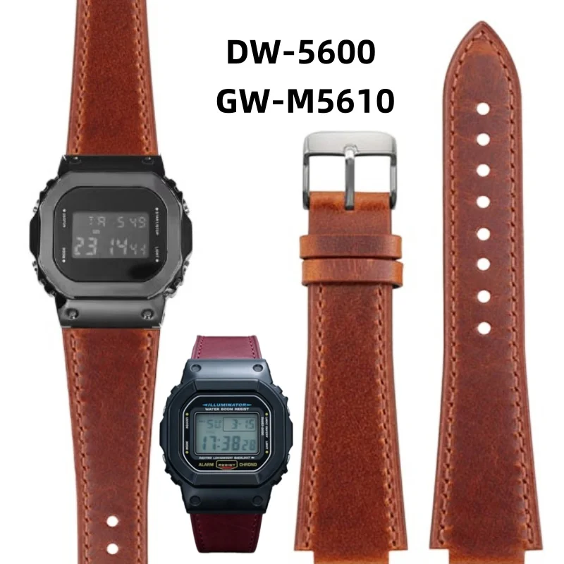 Pulseira de Couro Marrom Retrô para Relógio Casio G-SHOCK DW5600 DW-5600 GW-B5600 G-5600 GW-M5610, Pulseira Masculina de Couro Bovino 16mm