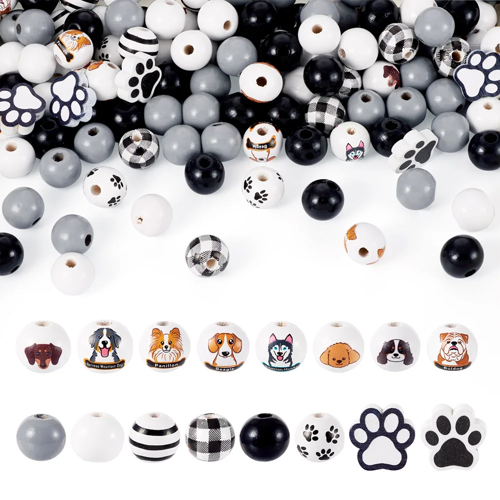 230Pcs Puppy Paw Wood European Beads Cute Animal Dog Style Large Hole Bead for Bracelet Lanyard DIY Jewelry Making Supplies