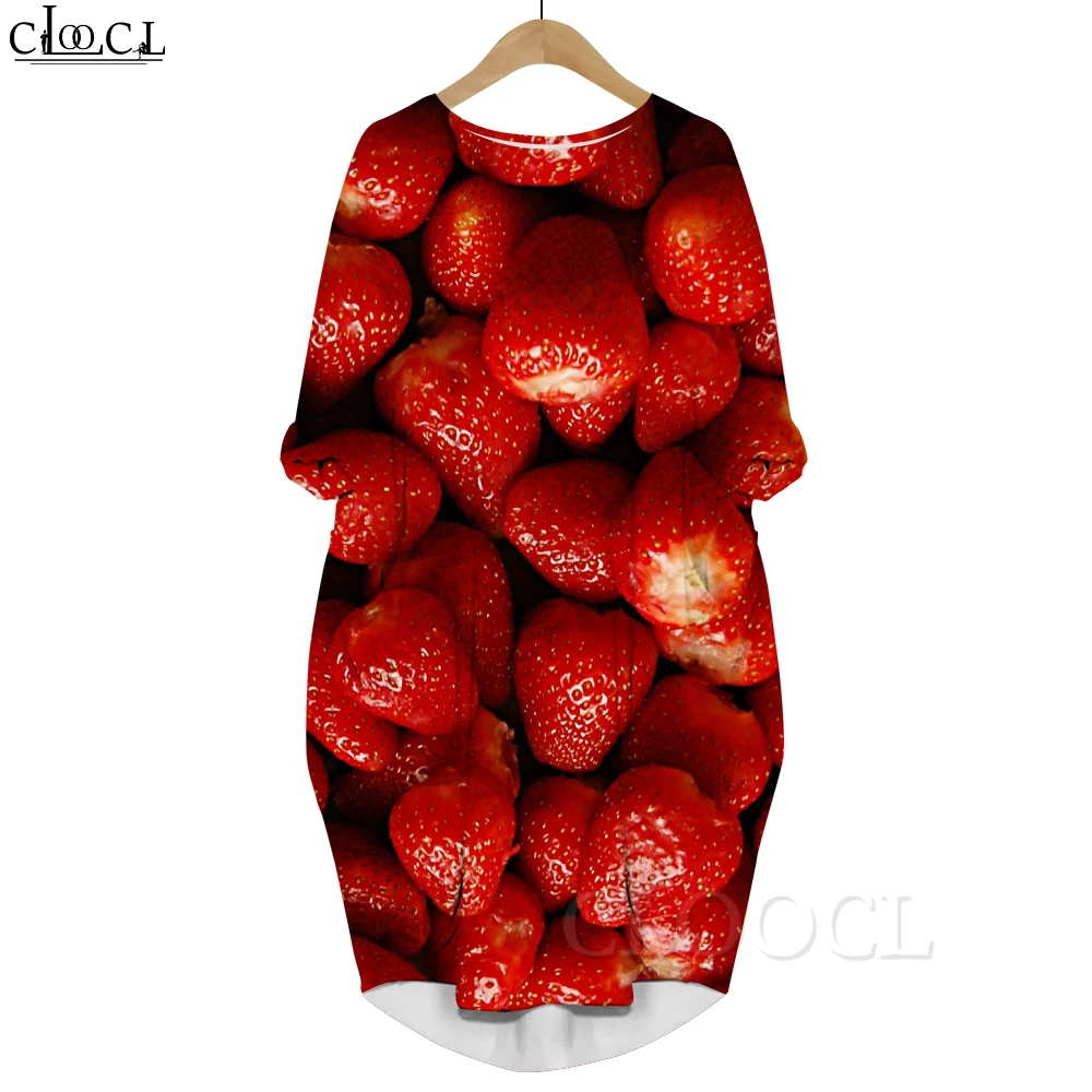 

CLOOCL Women Fashion Red Dress Strawberry Pattern 3D Printed Loose Casual Dresses Long Sleeve with Pocket Spring Autumn Dress