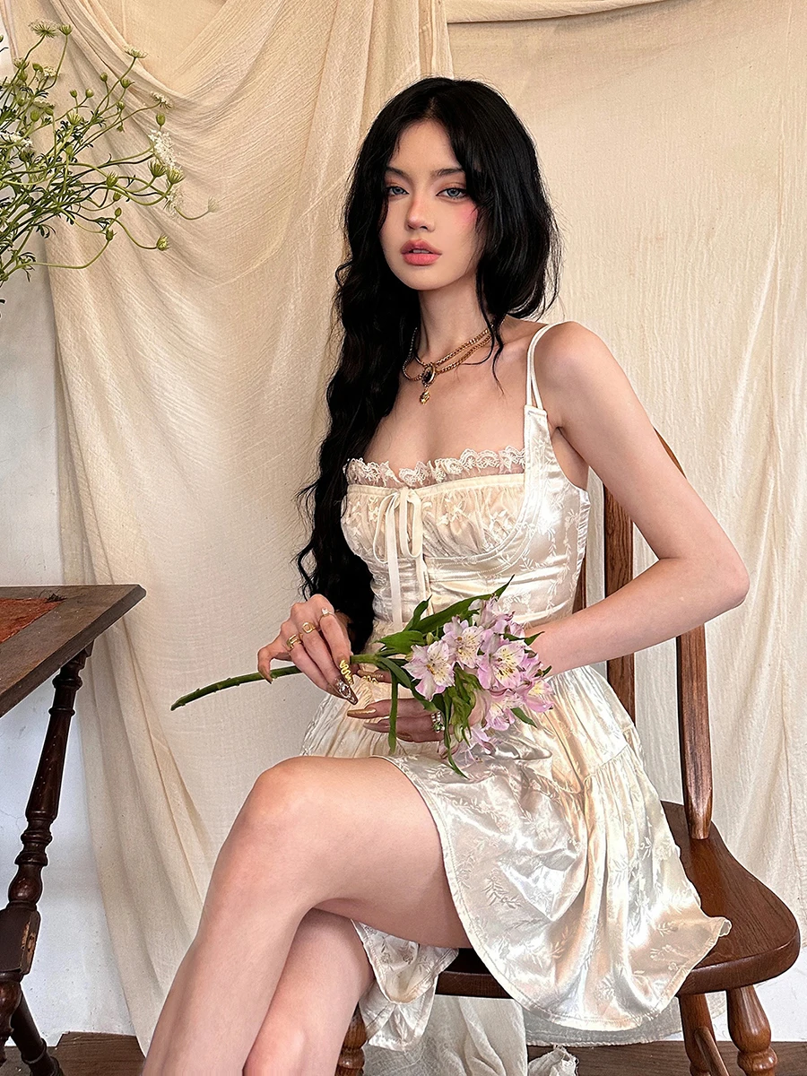 REDDACHiC Medieval Retro Satin Mini Dress Women One-piece Jacquard Floral Lace Corset Cami Rompers Date Going Out Summer Clothes