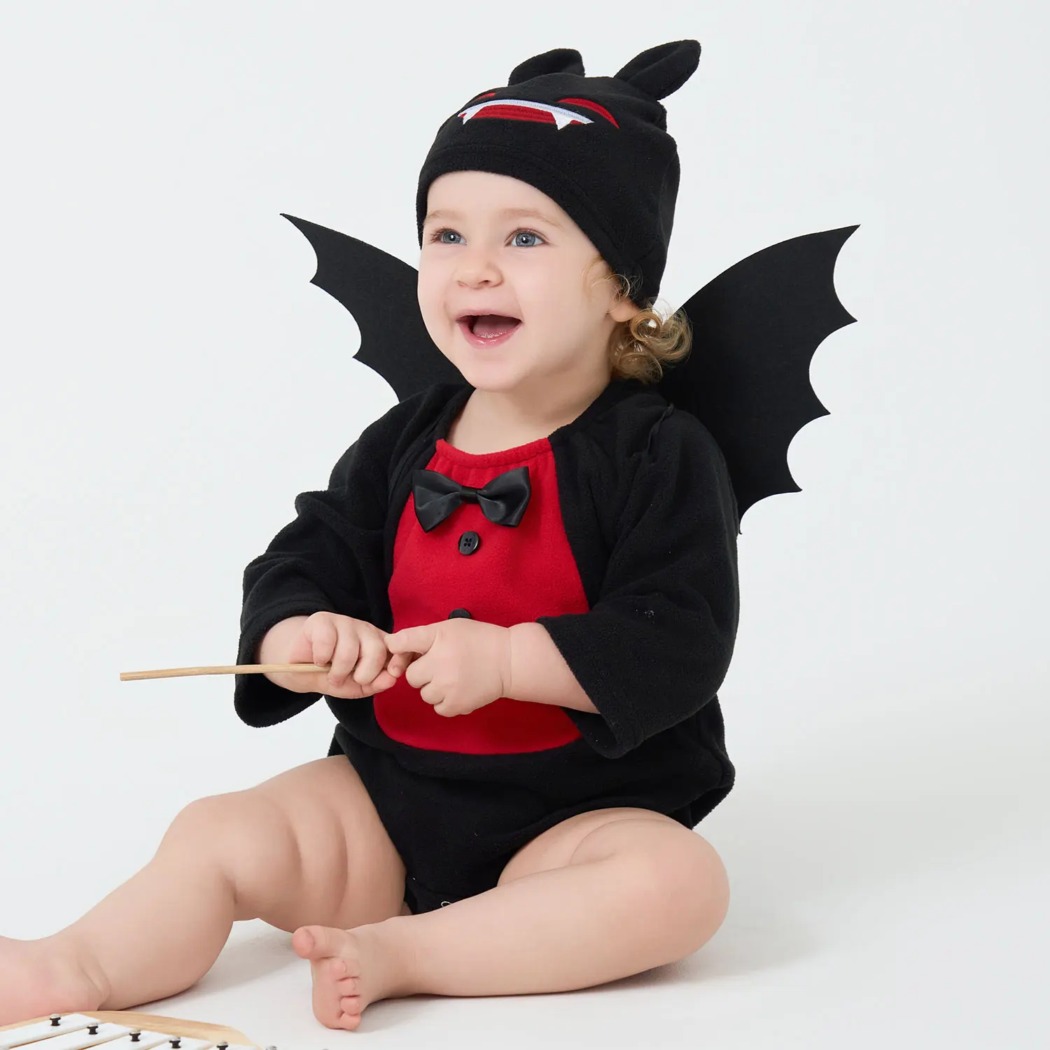 Umorden unissex bebê infantil halloween vermelho preto morcego vampiro diabo traje macacão asas chapéu 3 peças conjunto 1-2t