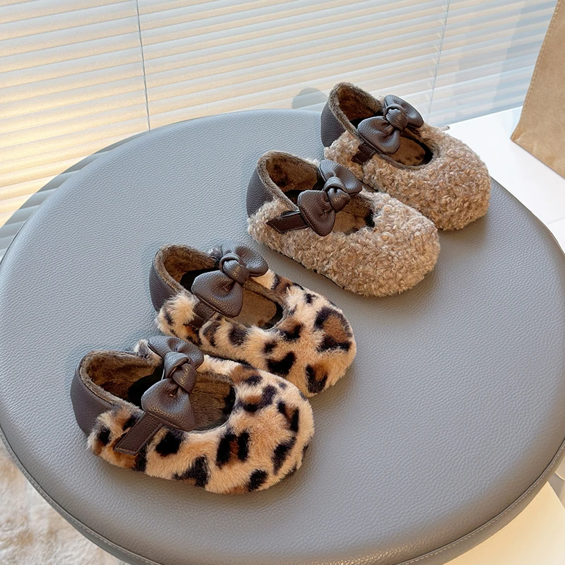 

Girls Winter Shoes Cotton-padded Warm Cotton Fur Fluffy Children Flats Kids Loafers Slip-on Princess Sweet Anti-slippery Bowtie