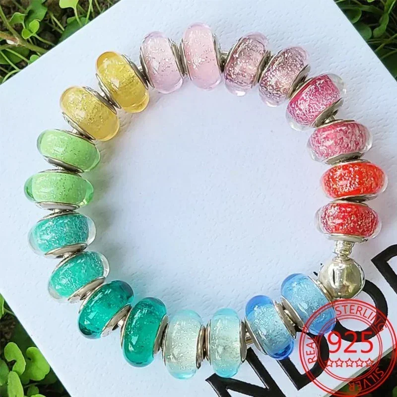 2025 clássico 925 prata esterlina colorido flor folha cósmico arco-íris murano vidro encantos contas caber diy pulseira feminino jóias presente