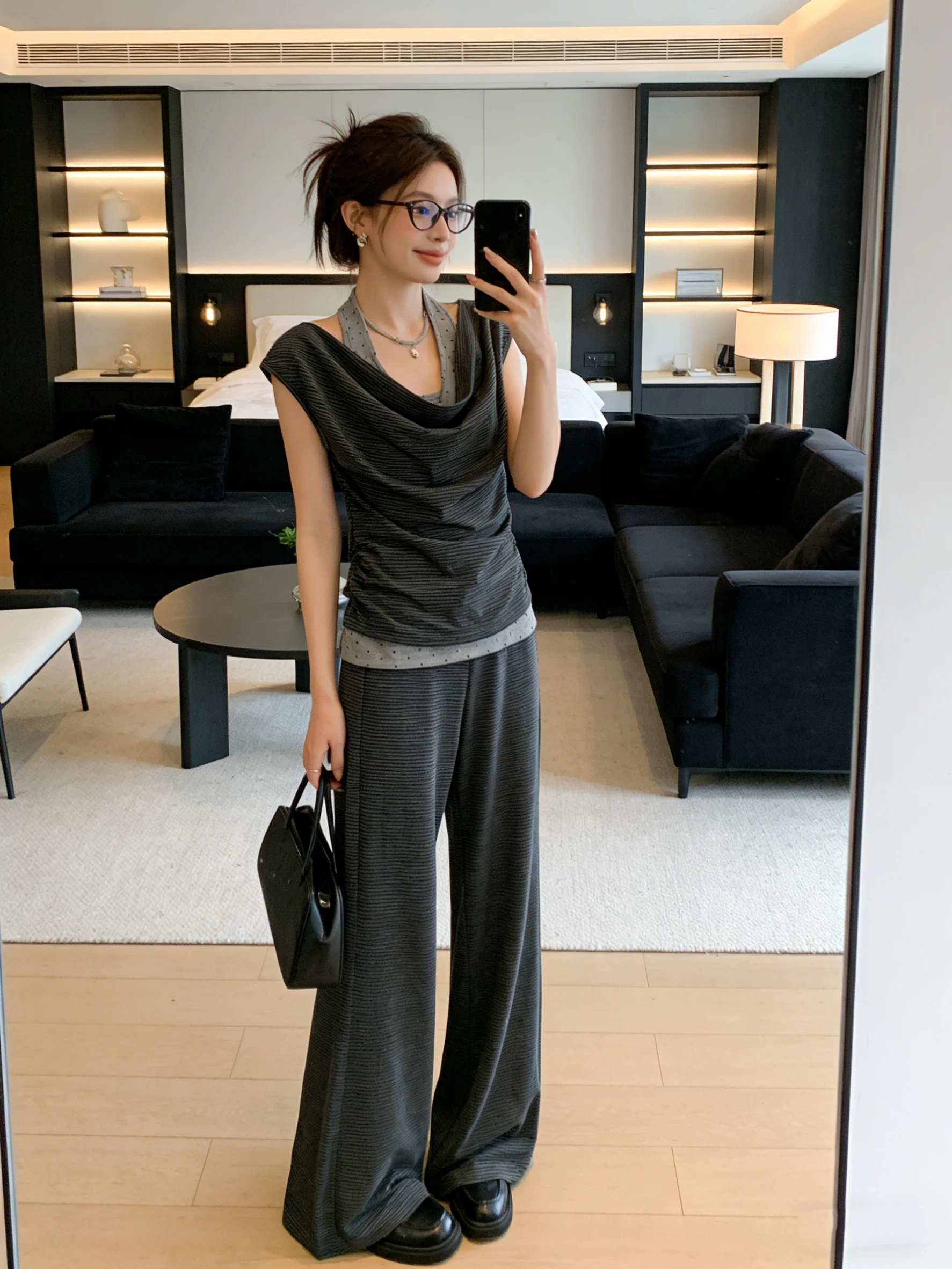 

Summer Casual Polka Dot Neck T-Shirt And Wide Leg Pants Set Skin Friendly Breathable Fly Sleeve High Waist Korean Style