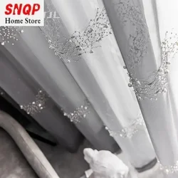 European Gray Tulle Luxury Curtains for Living Room Bedroom Modern Beaded Embroidery Beautiful Elegant Window Custom Yarm Sheer