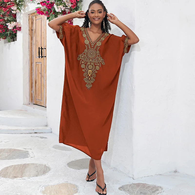 

Royal Embroidery Kaftan Morocco Loose Fit Maxi Dresses Dubai Delicate Ethnic Pattern Lantern Short Sleeve Caftan Women Vesdtidos