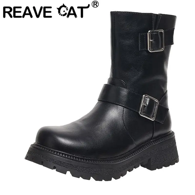 

REAVE CAT Fashion Women Mid Calf Boots Round Toe Block Heels 4.5cm Zipper Belt Buckle Metal Decor Plus Size 41 42 43