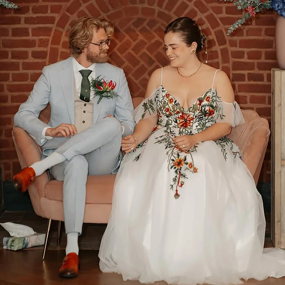 انفصال الأكمام الملونة المطرزة فستاين سهرة/فساتين الحفلات الدانتيل إغلاق مخصص الجنية شبكة حجم كبير السباغيتي الأشرطة فستان الزفاف