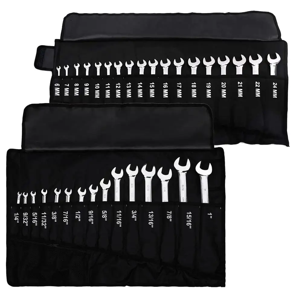 Ratcheting Combination Wrench Set 18pc Metric & 15pc SAE Chrome Vanadium Steel Tool Roll Included