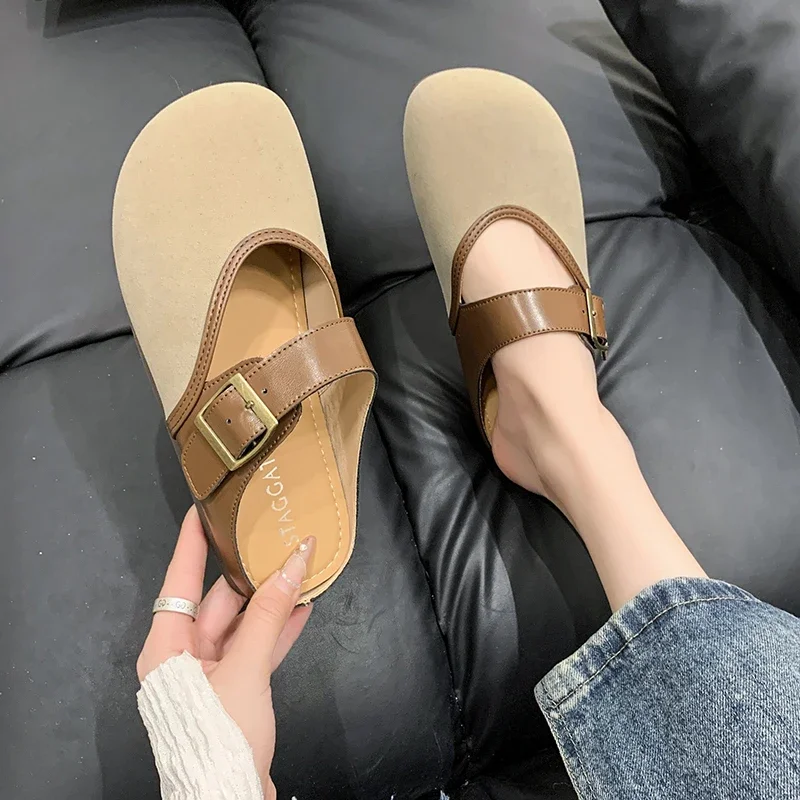 2024 Autumn New Retro Casual Soft Flat Loafers Slip-on Shoes Fashionable Outerwear Baotou Half Slippers for Women