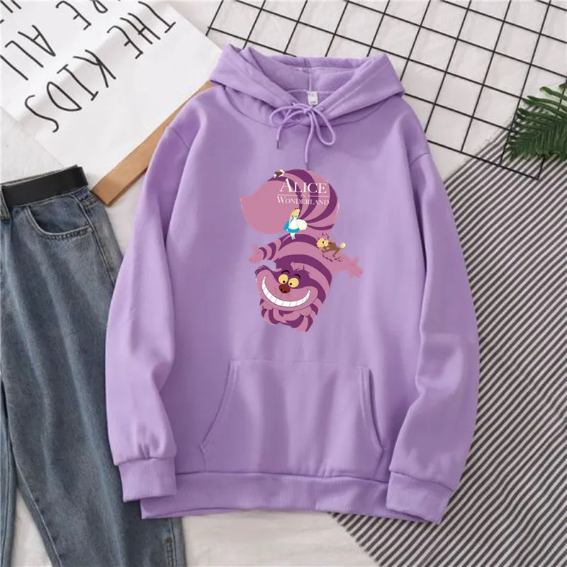 Cartoon Cheshire Cat Hoodie Fashion Alice in Wonderland Hoody Print Cute Cat Long Sleeve Hooded Pullover Womens Sweatshirt