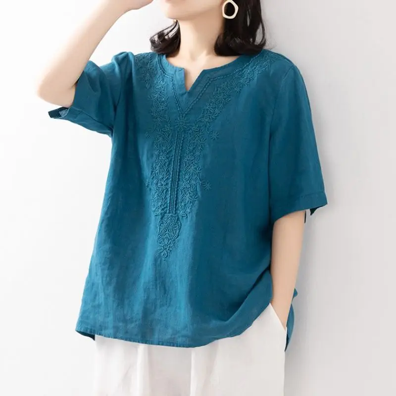 Women's Clothing Cotton Linen Shirt Summer New V-Neck Loose Fit Embroidered Short Sleeve Boho Chic Casual Trendy Top