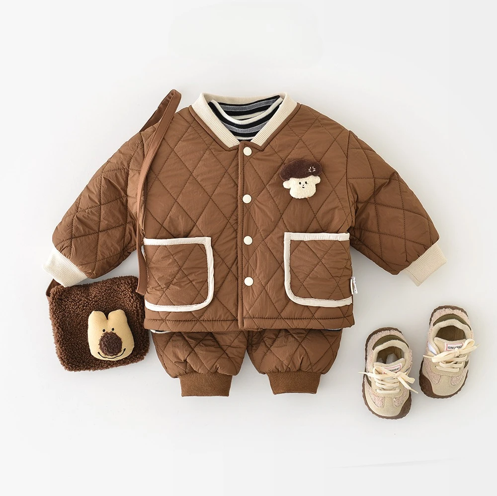 2025 Winter Baby Clothes Set 0-3T Color Blocking Toddler Kids Padded 2PCS Fleece Lining Warm Boys Coat and Pants Girls Outfit