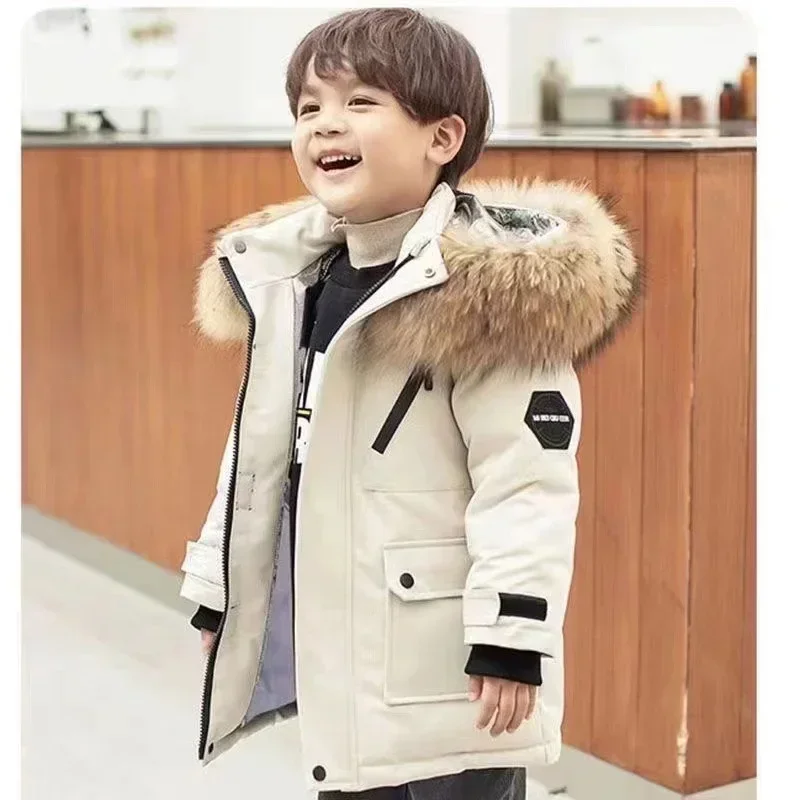 

-30℃ Winter Kids Thick Warm Jacket Children Padded Plus Velvet Parkas Coat Boys Girls Fur Collar Hooded Cotton Clothes Outerwear