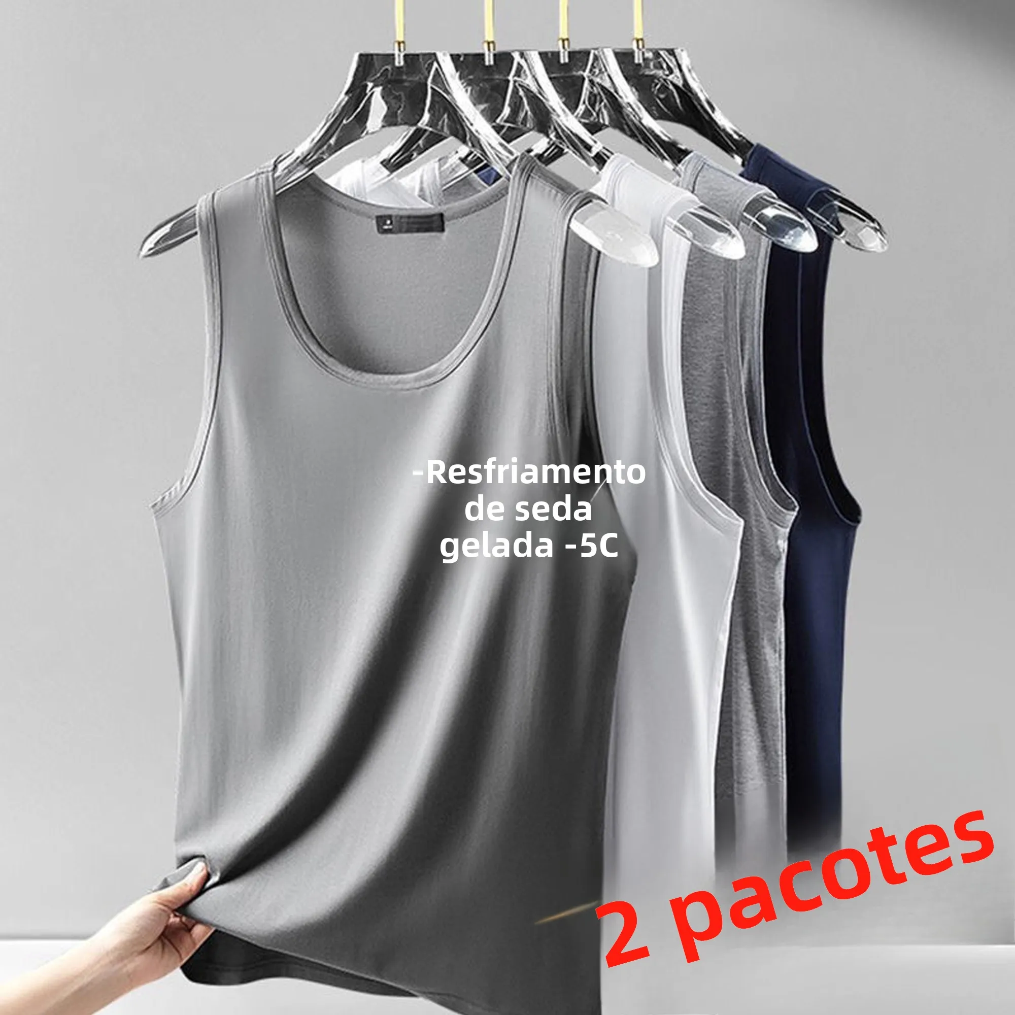 Camiseta Esportiva Masculina de Seda Gelada para Verão, Fina e Refrescante, Gola Redonda, Cor Pura, Camada Base para Dormir e...