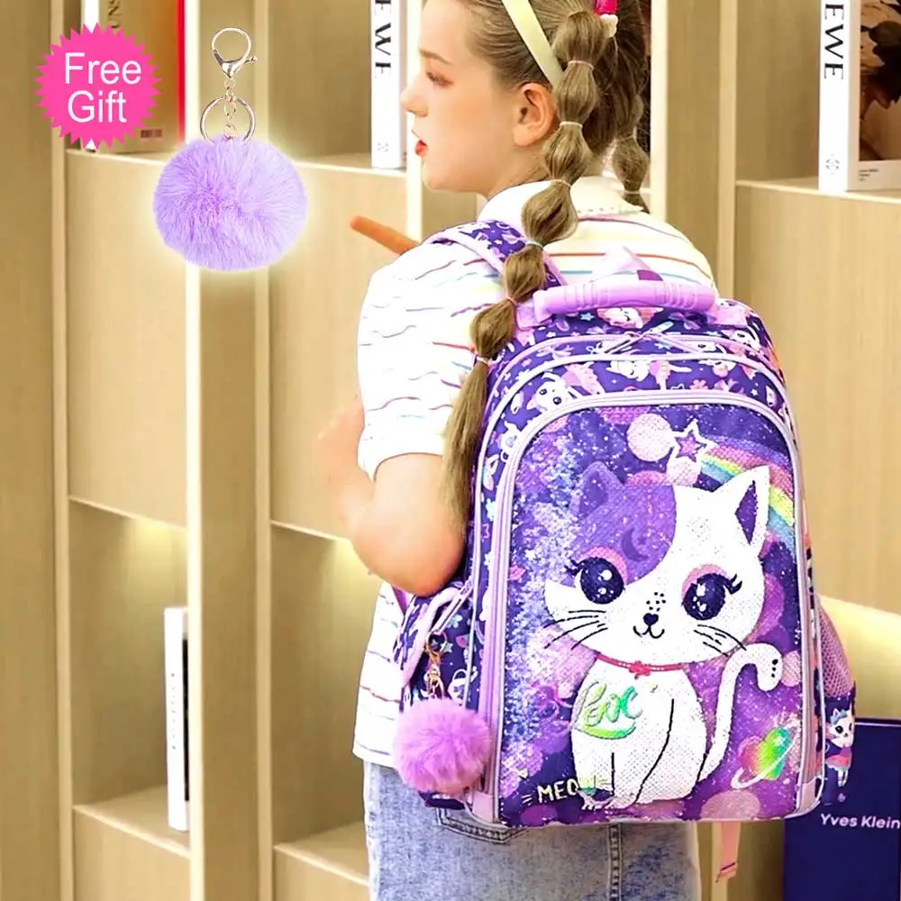 3PCS Cat Backpack for Girls, 16”Kids Sequin Bookbag with Lunch Box, Water Resistant School Bag for Elementary Preschool Toddler