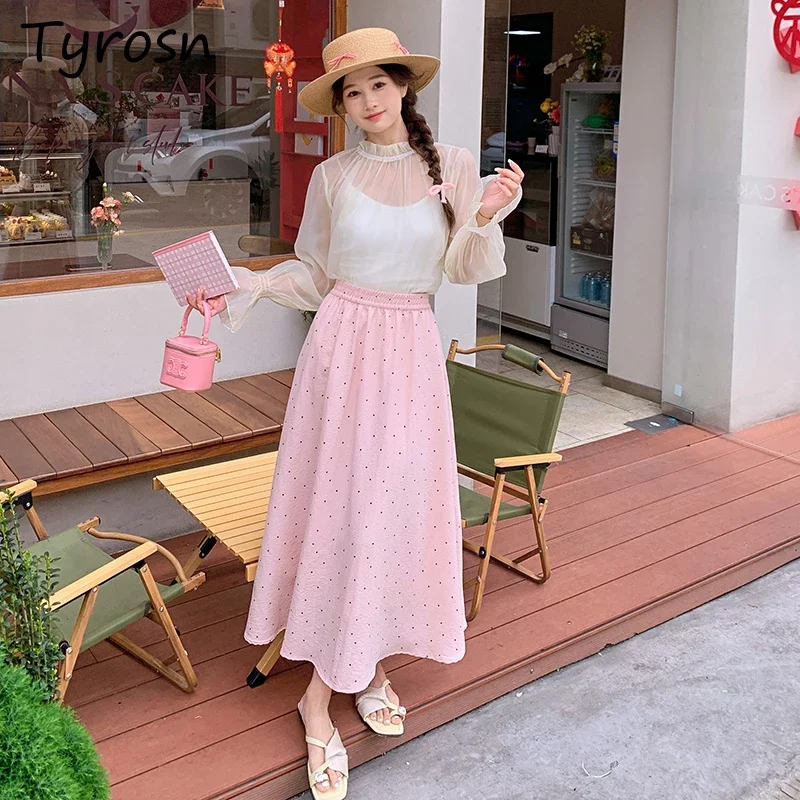 

Midi Skirts Women Dot Printed Summer New Elastic High Waist Loose Casual Ulzzang Aesthetic Temperament Elegant Gentle Streetwear