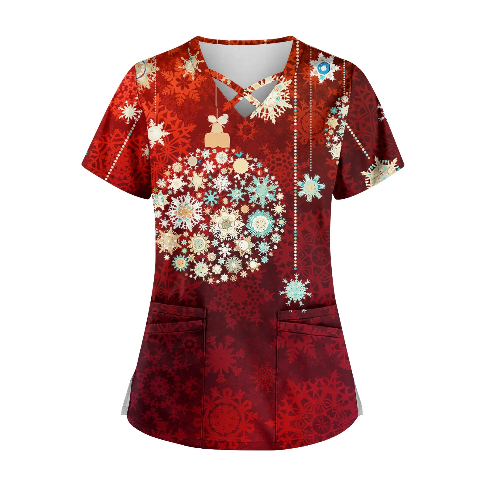 

Christmas Uniforms Tops For Women Santa Claus Print Scrub Tops Hospital Pet Grooming Uniforms Nurses Dentist Work Tee Tops