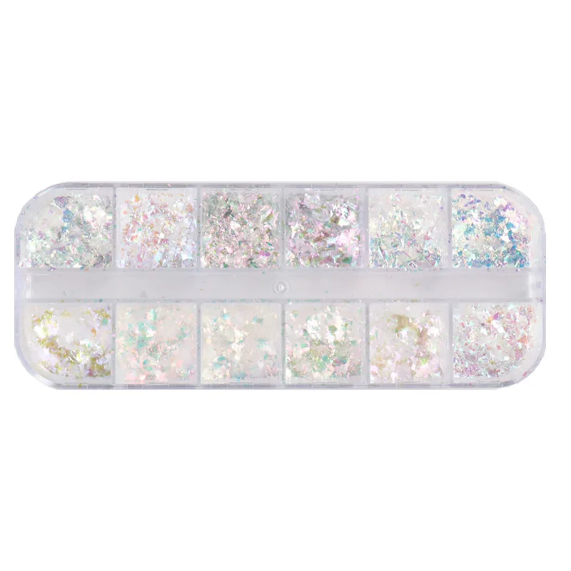 12 Grids Iridescent Nail Aurora Glitter Crystal Fire Flakes Holographic Sparkle Sequins Charms Gel Polish Manicure Flash