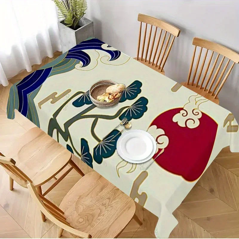1pc Soft, Fashionable and Beautiful Japanese Wave Red Sun Pine Pattern Tablecloth, Durable Polyesterxzj