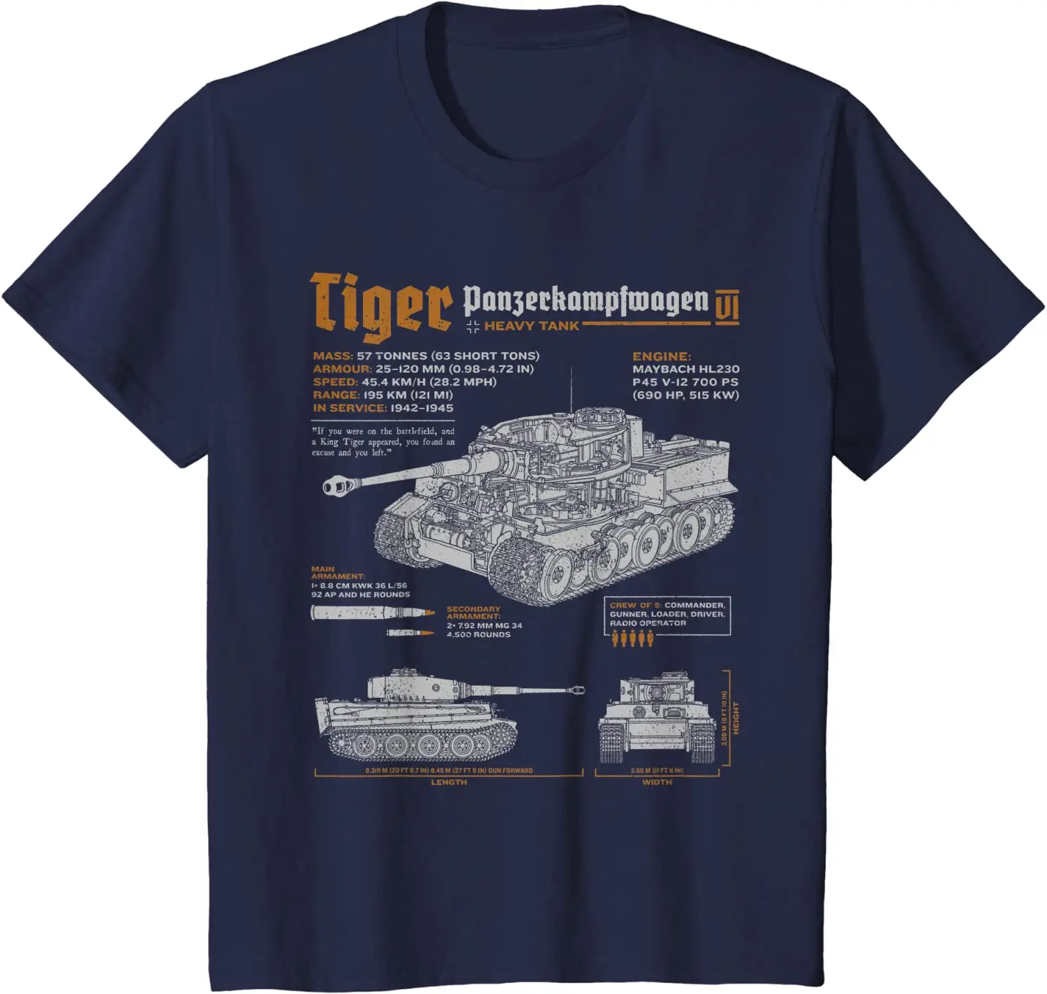 Tiger Tank Panzer PzKpfw VI World War 2 Blueprint Men T-Shirt Short  Casual 100% Cotton Shirts