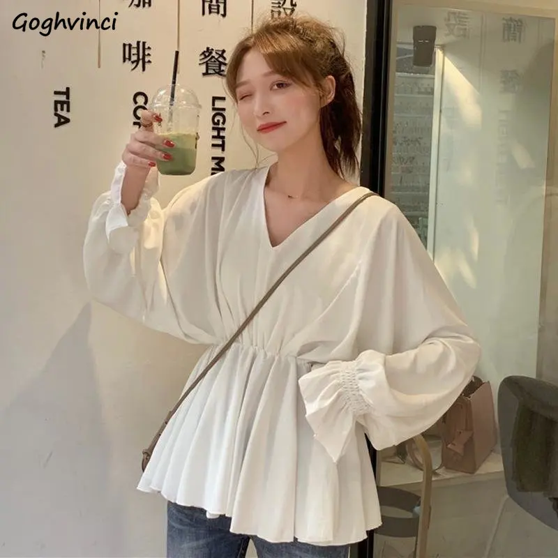 Blouses Women Spring Korean Style Loose Simple V-neck Elegant Solid All-match Popular Aesthetic Sexy Female Chic Gentle Comfort