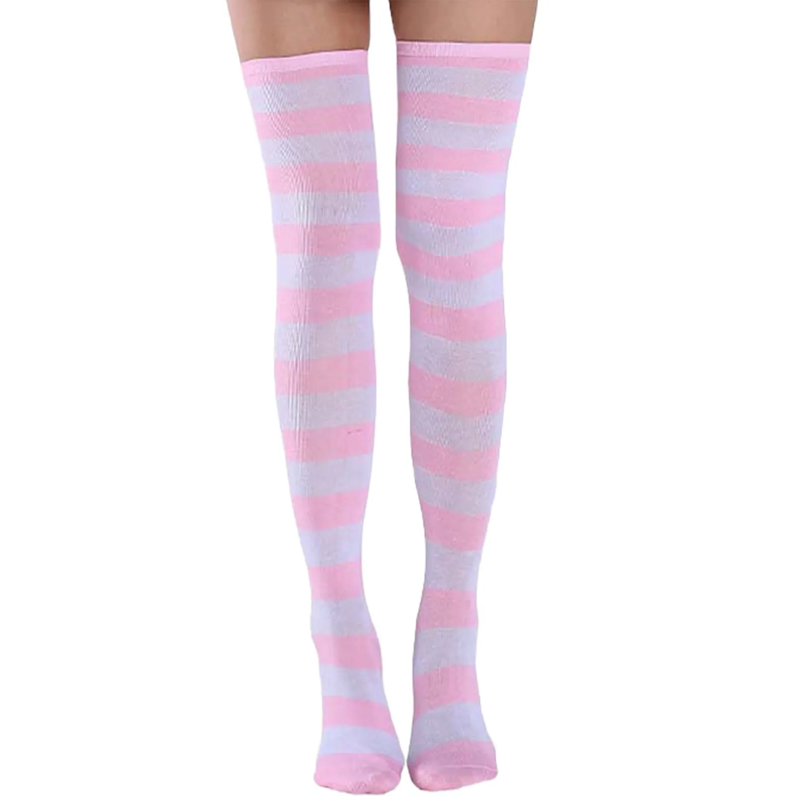 

Christmas Pink White Striped Knee High Socks Cute Kawaii Legwear Soft Cotton Over Knee Stockings Pastel Fashion Socks