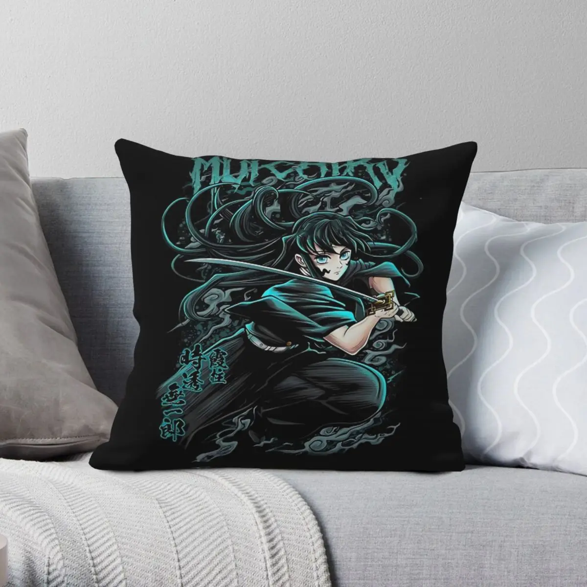 Demon Slayer Muichiro Tokito Square Pillowcase Polyester Linen Velvet Pattern Zip Decor Throw Pillow Case Room Cushion Cover