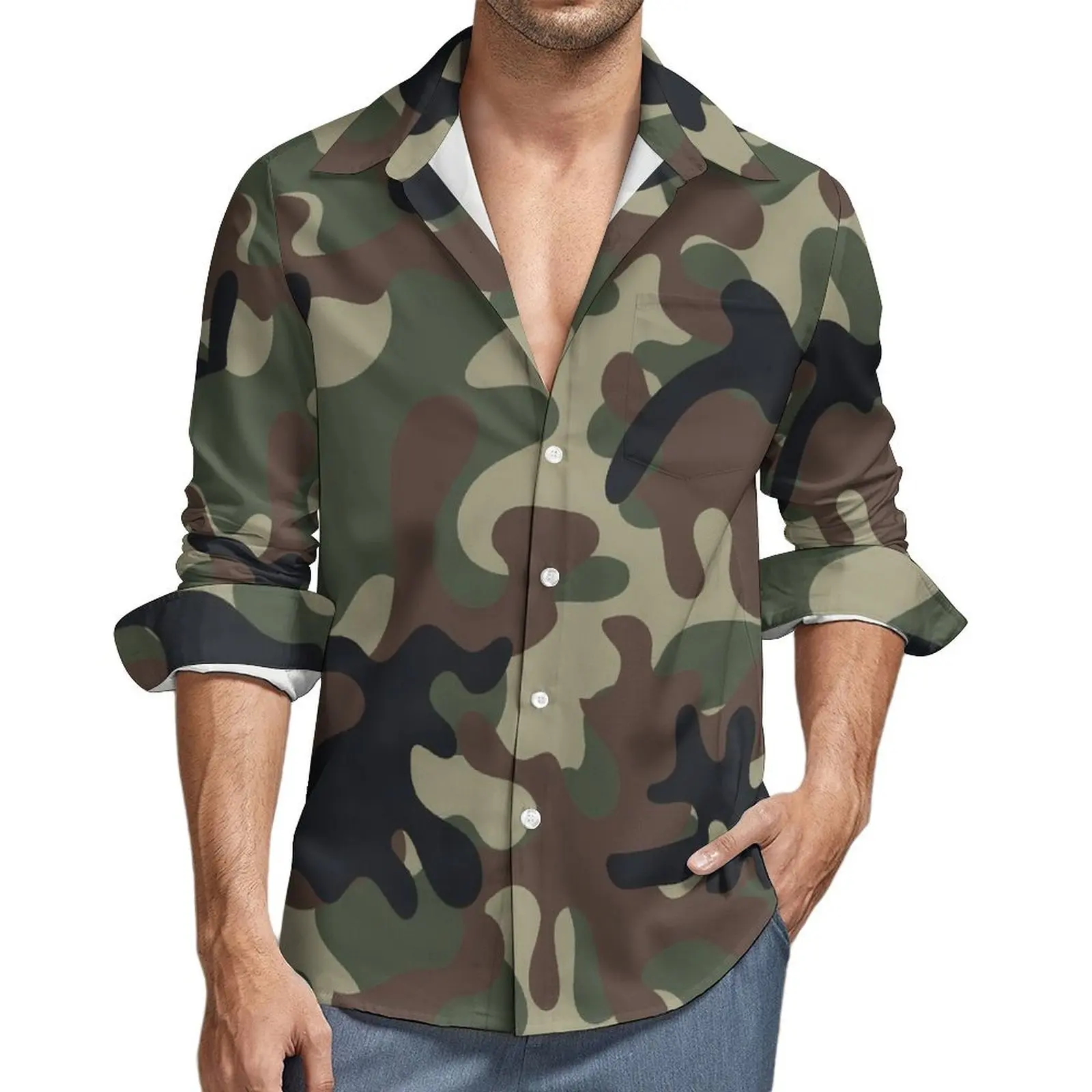 

Camo Casual Shirts Texture Military Camouflage Loose Shirt Spring Y2K Street Oversized Blouse Man Long Sleeve Graphic Tops Gift