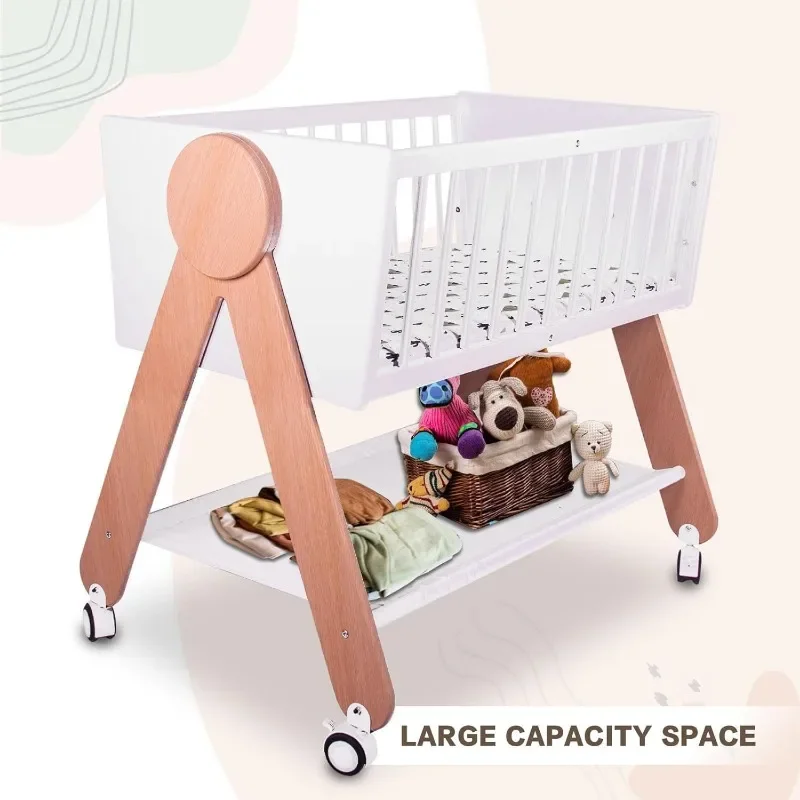 Wooden Bedside Bassinet Sleeper，Safe & Stylish Baby Crib Bassinet with Locking Wheels,Mosquito Net,Large Storage Basket