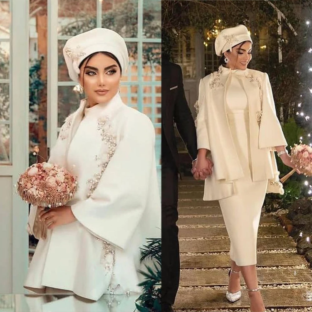 

Muslim Crystal Beading Mermaid Wedding Dress 2 Pieces High Neck Long Sleeve Bridal Gowns Dresses Vestidos Pageant Gowns
