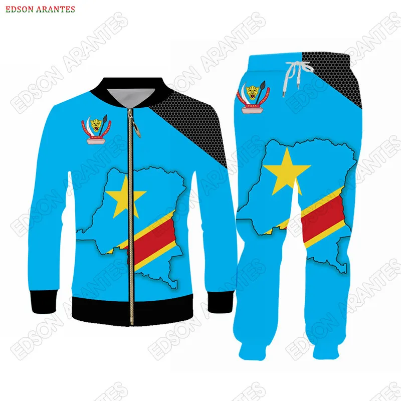 Custom New Zaire Flag Men's Joggers Tracksuit Sets African DR Congo Coat of Arms Print Jacket/Hoodie/Sweatshirt Sweatpants Combo